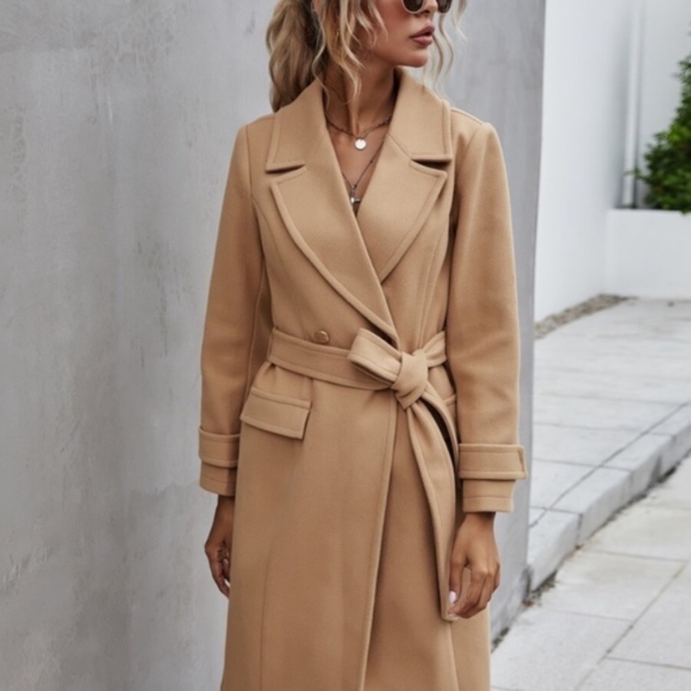 Camel Trench Coat Double Breast Buttons belted Work - Picture 4 of 7